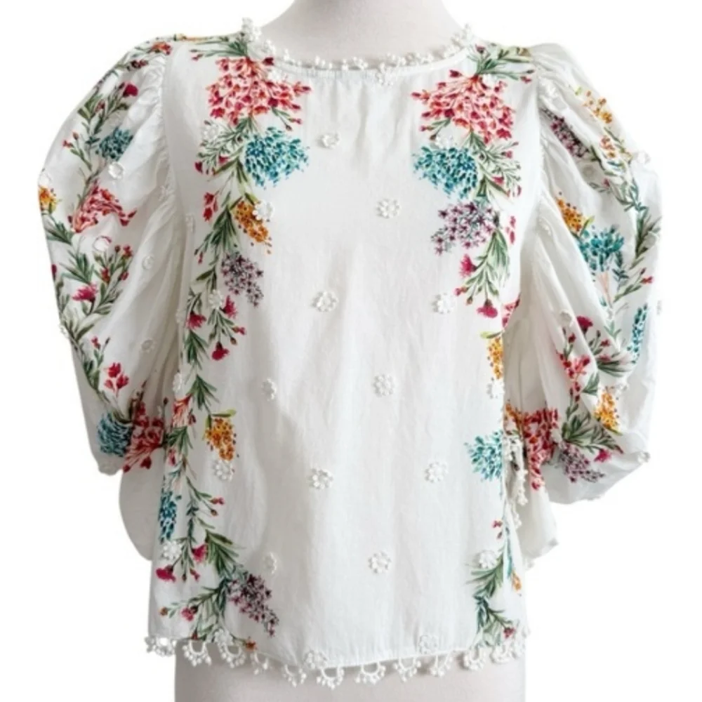 FARM RIO Louise Floral White Multi Floral Puff Sleeve Top M Like New RARE - Picture 9 of 16